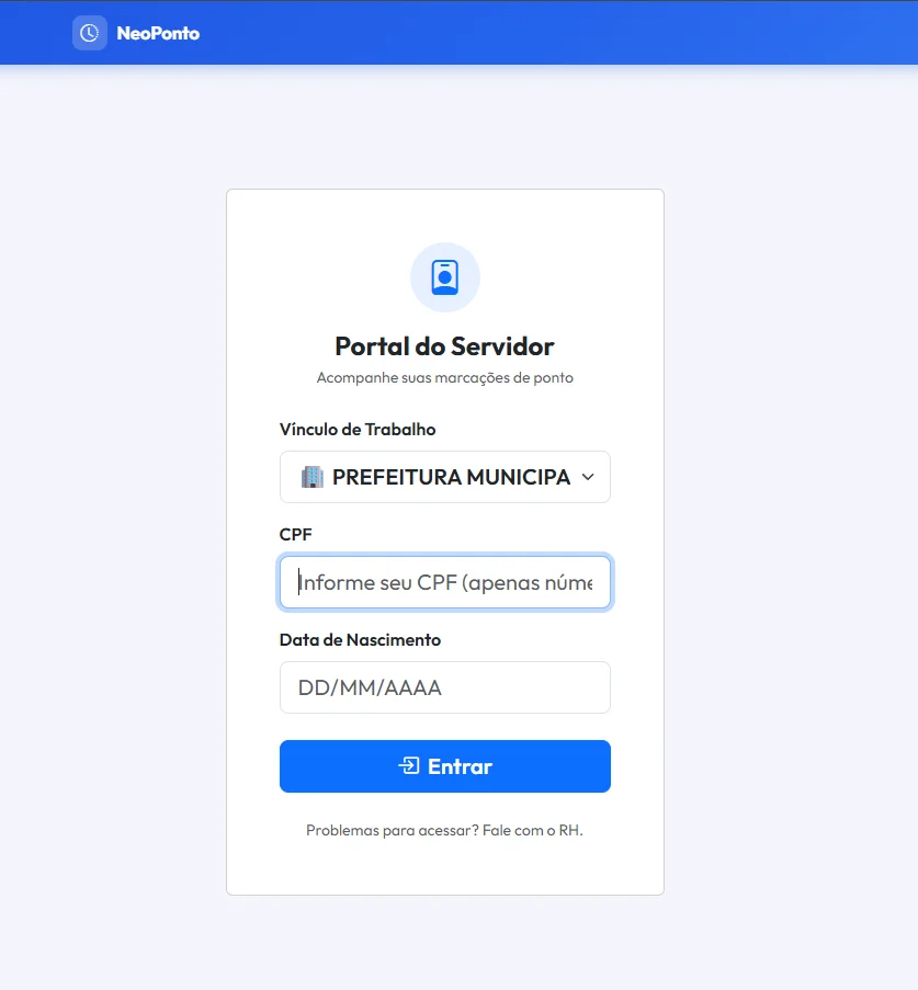 Tela do portal de espelho de ponto
